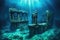 underwater ancient ruins with glowing symbols