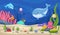 Underwater animal background. Aquatic animals, cartoon sea world landscape. Water aquarium with whale, fish, seaweed