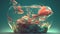 Underwater aquarium with goldfish and seaweed. 3d illustration