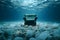 Underwater armchair. Mental health concept. Thinking about problems, psychology, inner world, feelings, loneliness, surreal. Safe