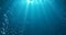 Underwater background with water bubbles, undersea light rays shine