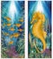 Underwater banner with seahorse and golden fish