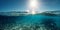 Underwater bliss: mesmerizing blue sky and radiant sun on ocean water surface, generative AI