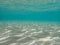 Underwater blue ocean wide background with sandy sea bottom, Real natural underwater view of the Mediterranean Sea