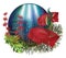 Underwater card with Red Texas Flowerhorn Cichlid fish