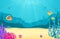 Underwater cartoon background with fish, sand, seaweed, pearl, jellyfish, coral, starfish. Ocean sea life, cute design