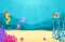 Underwater cartoon background with fish, sand, seaweed, pearl, jellyfish, coral, starfish, octopus, sea horse. Ocean sea