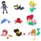 Underwater cartoon characters and objects collection icon set (vector)
