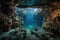 underwater cave system with intricate formations and schools of fish