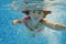 Underwater child jumps to swimming pool