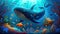 Underwater children\\\'s book illustration. Whale, fish, reef, and dolphins. Ocean under the sea with a shipwreck boat.