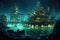 underwater city construction site illuminated by bioluminescent lighting