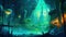 An underwater cityscape filled with bioluminescent creatures. Mysterious atmosphere. Generative AI
