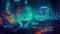 An underwater cityscape filled with bioluminescent creatures. Mysterious atmosphere. Generative AI