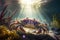 Underwater closeup picture of the crab and sunlight in the ocean reef