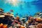 Underwater with colorful sea life fishes and plant at seabed background, Colorful Coral reef landscape in the deep of ocean.