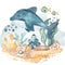 Underwater composition with marine animals, dolphin, fish, algae, corals, shell, ocean floor