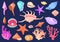 Underwater conches. Cartoon shellfish scallops ocean conch oyster mollusks seashell, beach reef coral sea star pearl