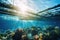 Underwater coral farm with sunbeams. Marine conservation and aquaculture concept