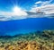 Underwater coral reef with horizon and water