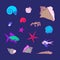 Underwater creatures set with fish, crab, shells, starfish. Cartoon vector illustration, cute sea animals and different kind of