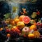 Underwater Dance of Citrus and Berries: A Vibrant Display of Fresh Fruits Submerged in Water. AI generation
