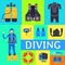 Underwater diving sport banner poster templates vector illustration. Water diving activity scuba dive equipment. Active