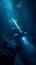 Underwater exploration vehicle illuminating the dark, mysterious ocean depths, surrounded by marine terrain.