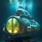 Underwater explores, giant submarine, sci-fi illustration