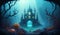 Underwater fantasy castle in the sea. Fairytale landscape. Cartoon vector illustration.