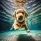 Underwater funny photo of golden labrador retriever puppy in swimming pool play with fun - jumping, diving deep down.