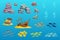 Underwater game asset. Cartoon ship, arch, stone