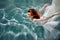 Underwater girl. Beautiful red-haired woman in a white dress, swimming under water.