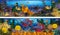 Underwater horizontal banners with algae and tropical fish, vector