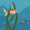 Underwater illustration. Cute wild fishes swimming in algae, funny tropical ocean inhabitants, coral reef, exotic marine