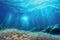 Underwater image of blue sea water with light shining