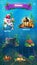 Underwater item set - snowman, cake, gifts, lamp, lantern, rock, stones, algae, amphora, bubbles. Bright image to create original