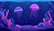 An underwater jellyfish illustration with seaweed. Aquarium flora and life on sand, sponge, and rocks. Cartoon
