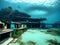 underwater landscape with abandoned home. beautiful tropical island with a coral reef , Ai Generated