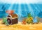 Underwater landscape. The ocean and the undersea world with different inhabitants, corals and pirate chest . Web and