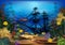 Underwater landscape with sunken ship wallpaper
