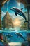 Underwater life of dolphins with the ancient lost city of atlantis, sea plants, fantasy, dreamy, beautiful, cute, clouds, sky