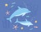 Underwater life of two cute dolphins in sea or ocean. Childish marine landscape or seascape with lovable fishes and