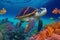 Underwater Marvel: Turtle with Colorful Fish, Sea Animals, and Vibrant Coral in Ocean.