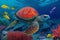 Underwater Marvel: Turtle with Colorful Fish, Sea Animals, and Vibrant Coral in Ocean.