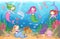 Underwater with mermaids. Seabed with mythical princesses and sea creatures, seaweeds and seashell, octopus, treasure