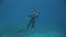 Underwater model free diver swims with red buoy in clean blue water in Red Sea.