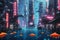 Underwater neon-lit cyberpunk futuristic city with fish and neon signs. Generative AI Illustration.