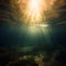 An underwater ocean illustration showing amber golden sun rays shining through the water surface on the green blue sea bed below.