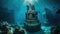 Underwater ocean ruins. Lost City of Atlantis. Crumbling deep sea diving exploration.